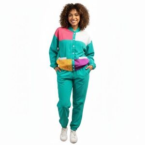 Vintage Teddi Sport Tracksuit Large Teal Multicolor Colorblock 90s Retro USA‎